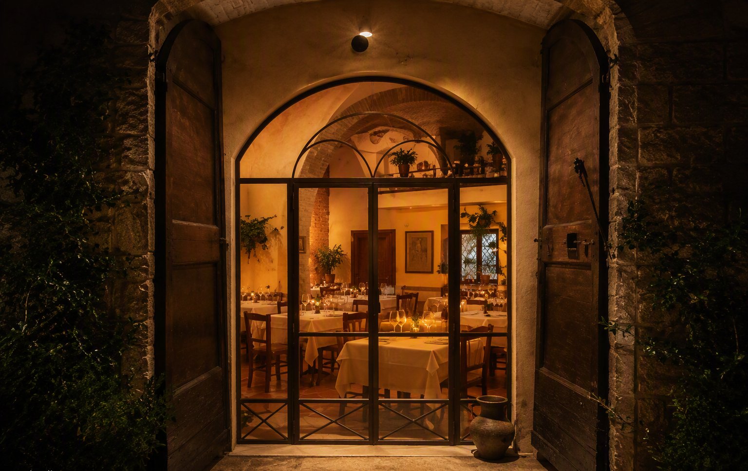 La sala vista attraverso le arcate in pietra